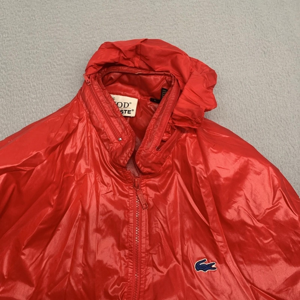 Vtg Izod Lacoste Jacket Mens L Gloss‎ Red Bomber Full Zip Windbreaker 80s Hooded - Picture 5 of 11
